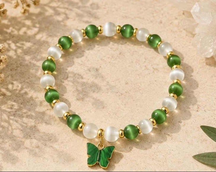 PULSERA SELENITA ,OJO DE GATO VERDE Y MARIPOSA