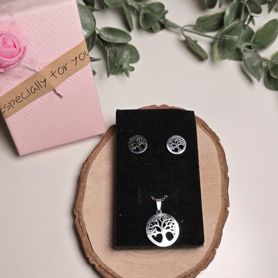 Conjunto de collar y pendientes de acero de ARBOL DE LA VIDA