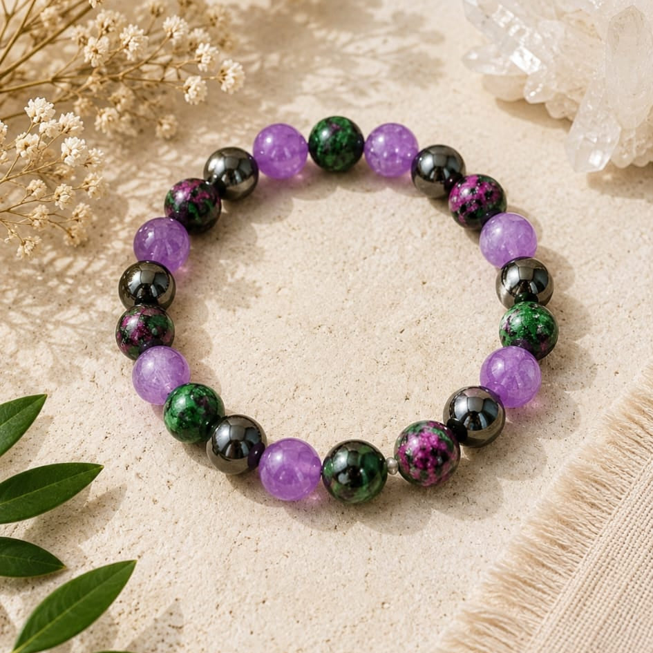 Pulsera Amatista ,Hematita y Rubi en Zoisita