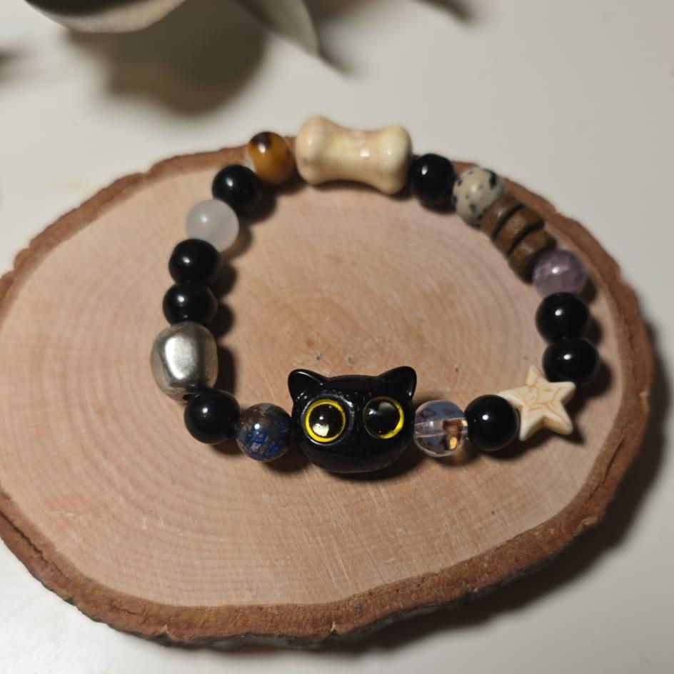 Pulsera Gatito Negro, Marrón, Beige y Ojos Amarillos