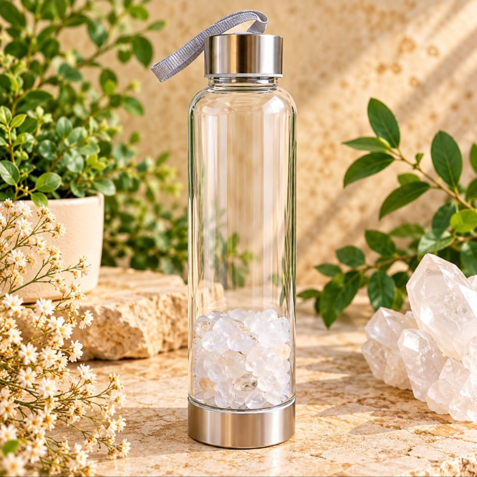 Botella de cristal ,con mineral de cuarzo blanco