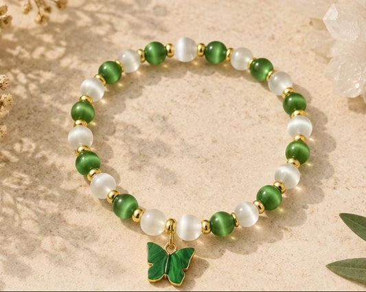 PULSERA  SELENITA ,OJO DE GATO VERDE Y MARIPOSA
