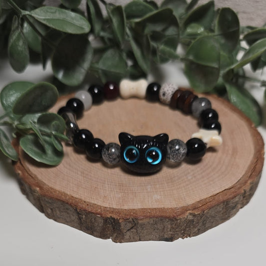 Pulsera Gatito Negro, Gris, Blanco y Ojos Azules