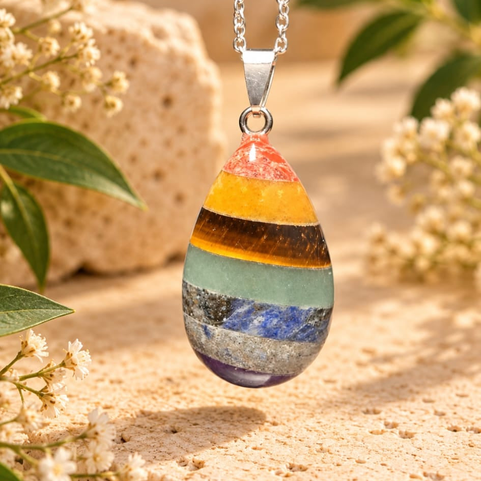 COLLAR EN FORMA DE LAGRIMA DE MINERALES DE LOS 7 CHAKRAS