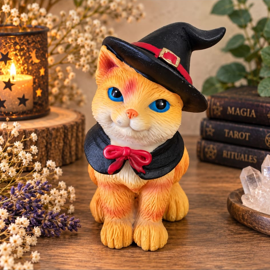 Figura de gatito pardo con disfraz de bruji