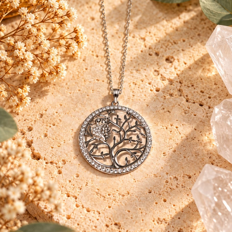 Collar de Arbol de la vida con BUHO , en plata