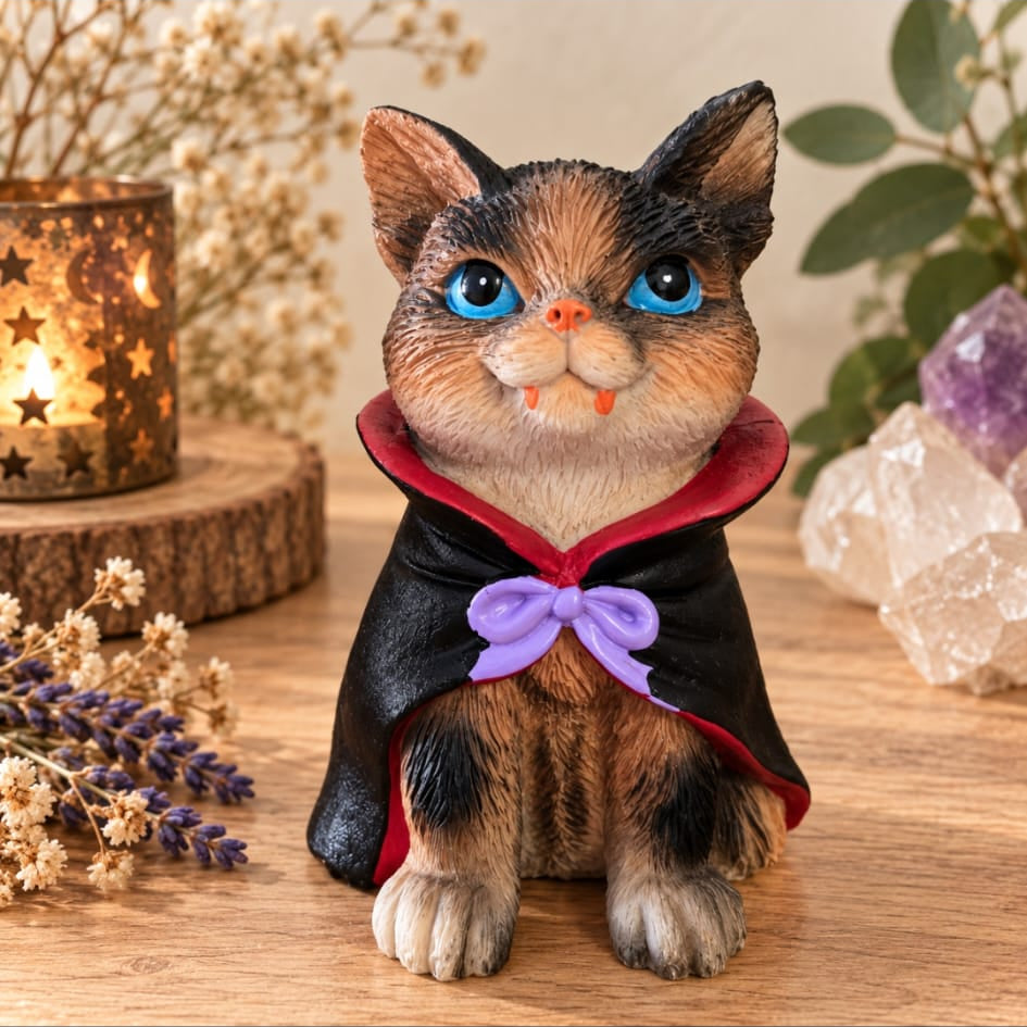 Figura de gatito con disfraz de vampiro