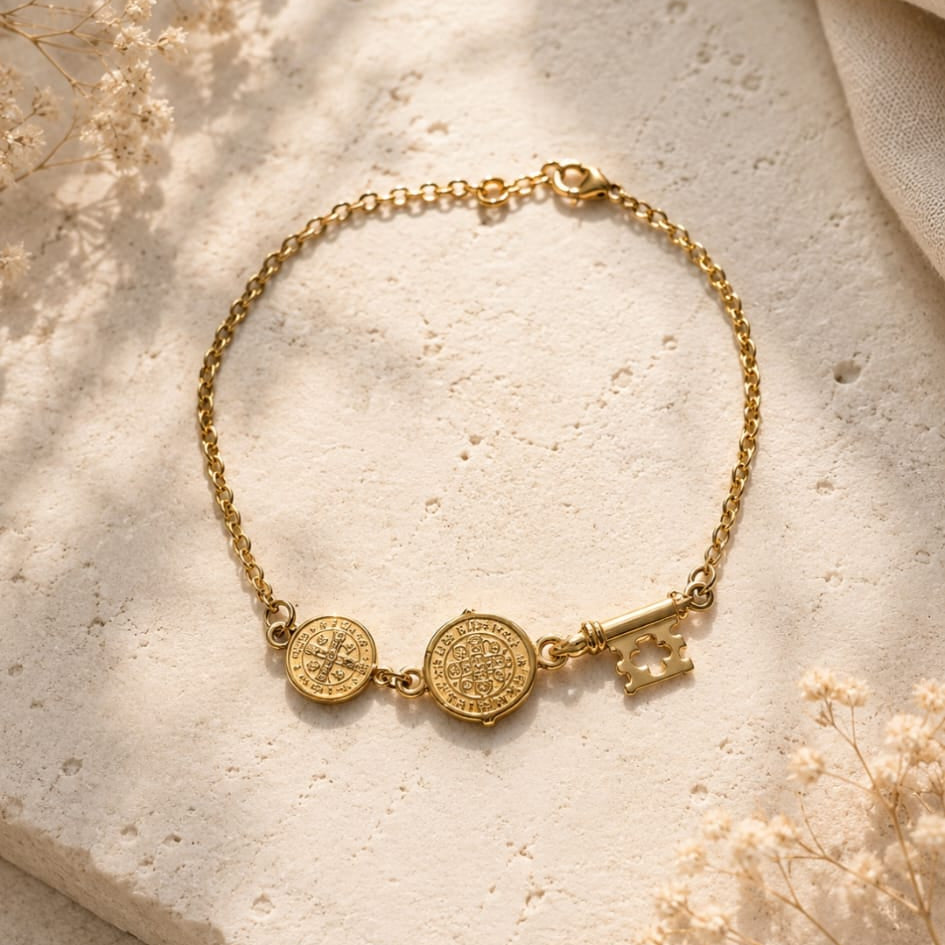Pulsera de Acero dorado  doble proteccion  llave San Benito
