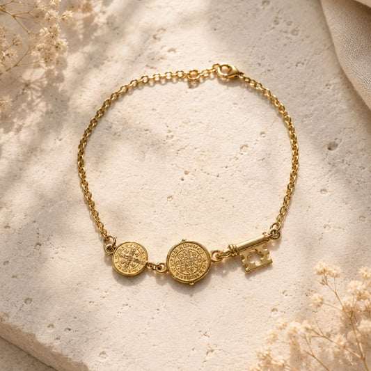 Pulsera de Acero dorado  doble proteccion  llave San Benito