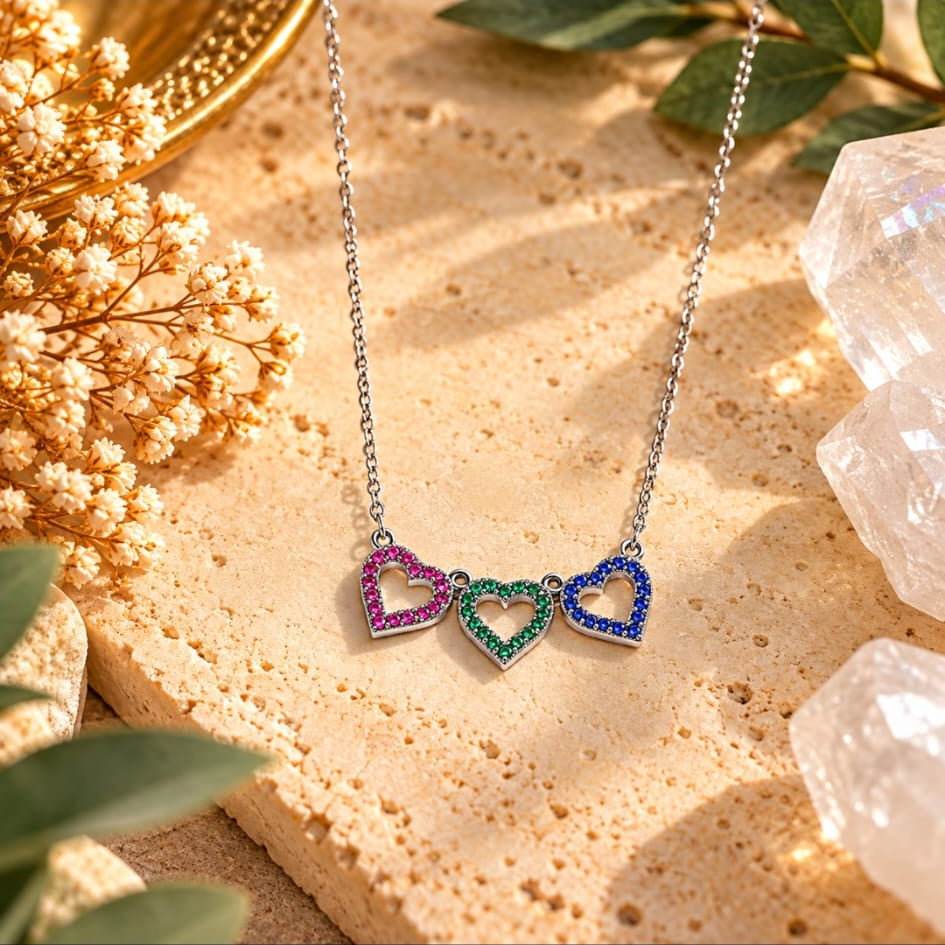 Collar de Triple Corazon y  Ojos Turcos en plata