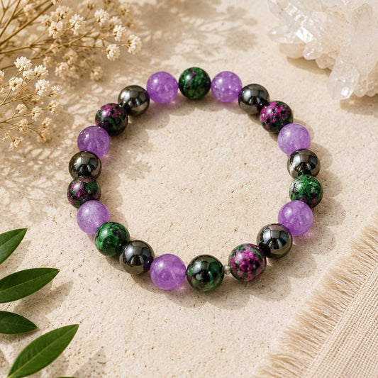 Pulsera Amatista ,Hematita y Rubi en Zoisita