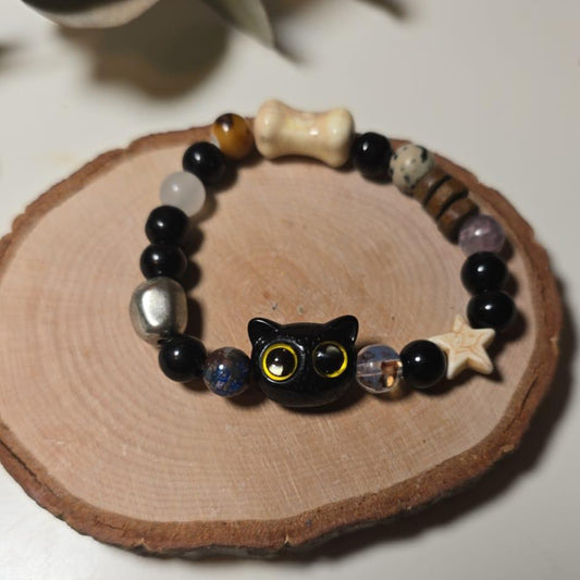 Pulsera Gatito Negro, Marrón, Beige y Ojos Amarillos