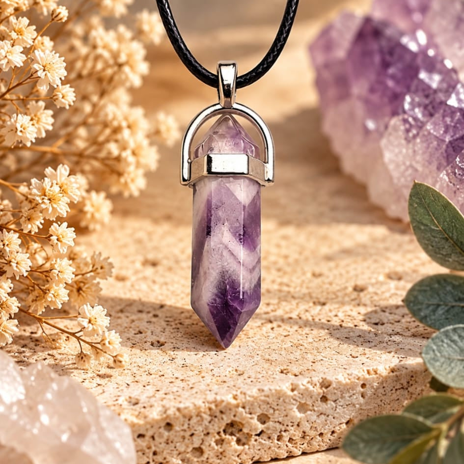 Collar Punta Amatista violeta y blanco