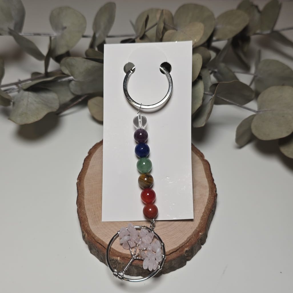 Llavero 7 chacras y Árbol de la Vida de Cuarzo Rosa