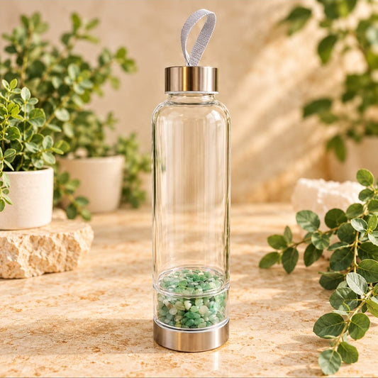 Botella  de cristal, mineral Aventurina verde