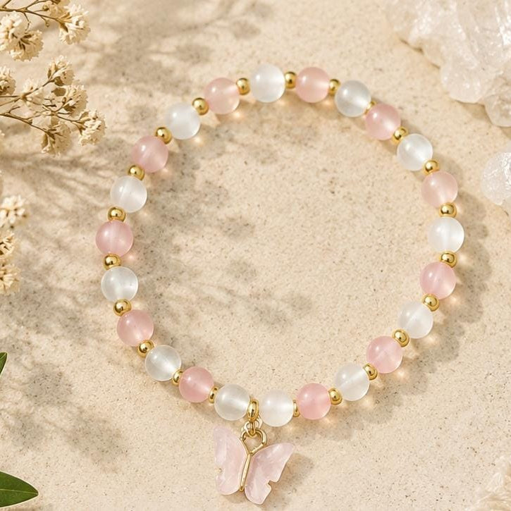 Pulsera  de Selenita ,Cuarzo rosa y Mariposa