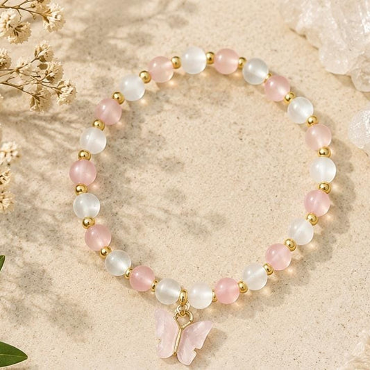 Pulsera  de Selenita ,Cuarzo rosa y Mariposa